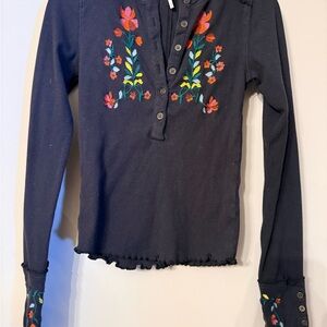 Free People charcoal Top with Colorful Floral Embroidery
